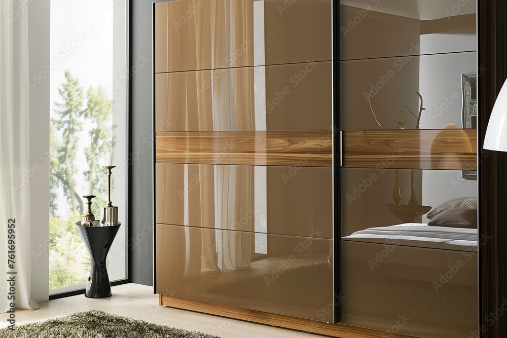 Fototapeta premium Wooden wardrobe with glossy sliding doors in minimalist style interior design of modern bedroom