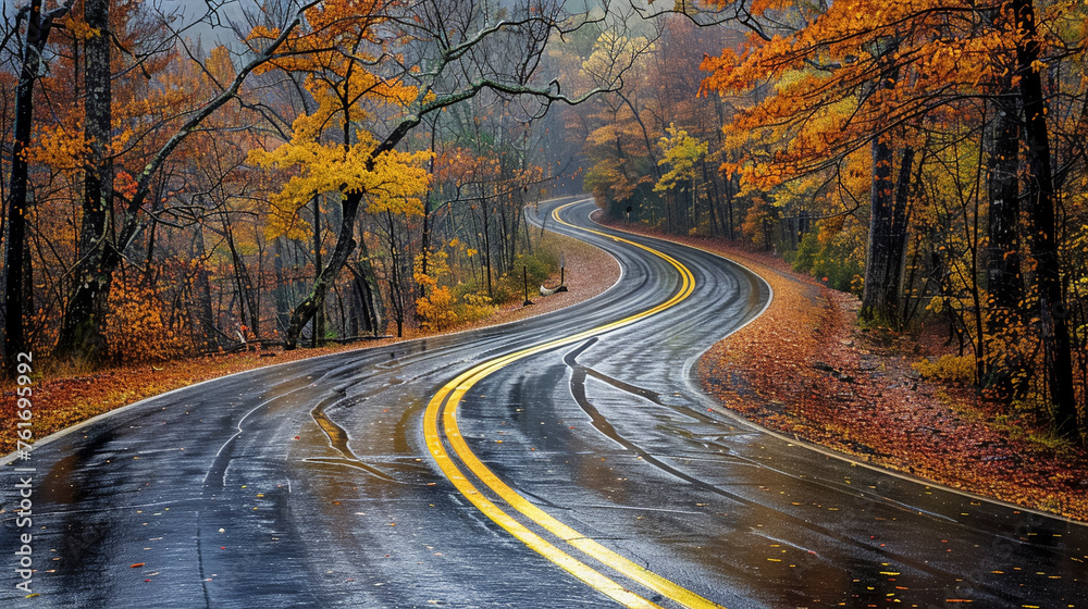 Fototapeta premium Fall Foliage Journey, Scenic Wet Road in Vibrant Forest