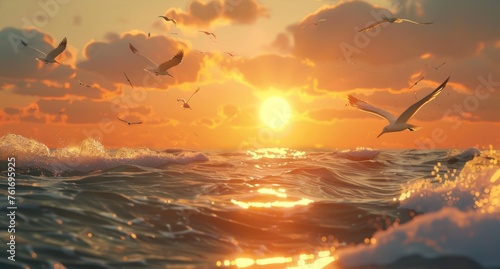 A serene sunset over the ocean, with seagulls flying in the sky and waves gently lapping at the shore The sun is setting behind them Generative AI photo
