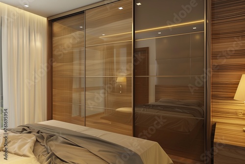 Wooden wardrobe with glossy sliding doors in minimalist style interior design of modern bedroom