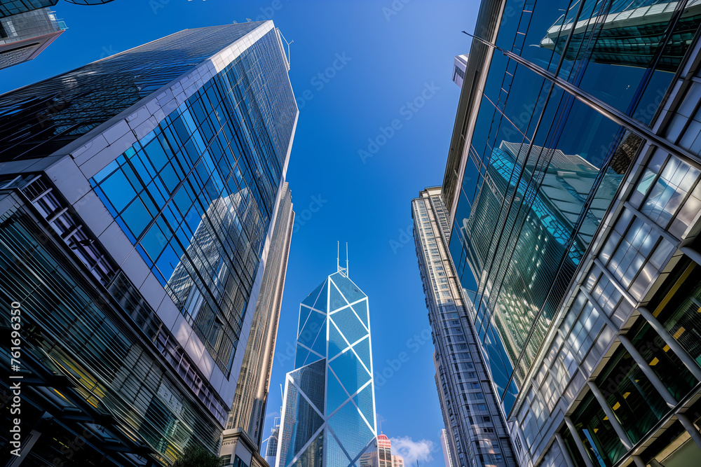 A modern Hong Kong skyscraper reflects the city's energy with its glass facade and intricate details against a clear blue sky