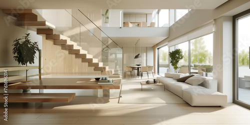 A photorealistic dream home  a modern Scandinavian interior with a glass staircase  wooden steps  and natural light flowing through the open floor plan