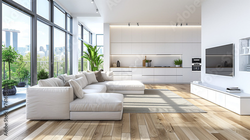 italian style interior of a living room and kitchen in white with a wooden floor, a large sofa near a window photo