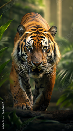 Majestic Tiger Stalking in Lush Green Jungle Environment 