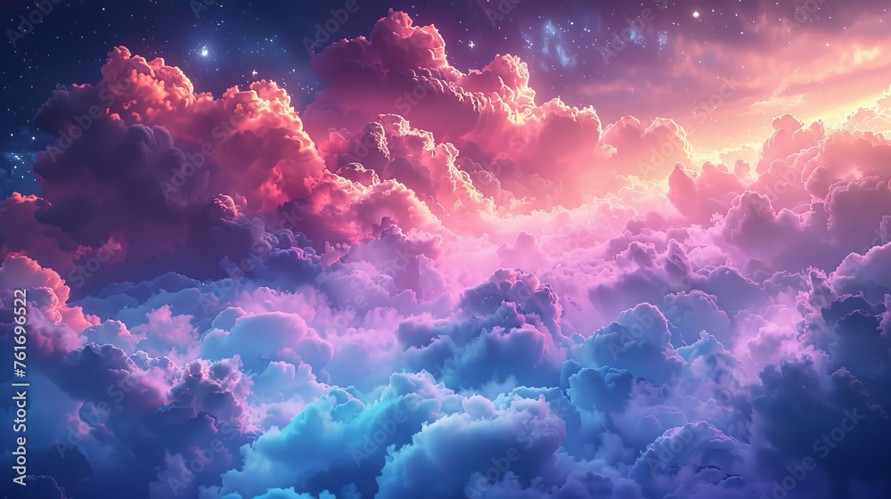 Mystical night sky featuring colorful clouds and soft, glowing stars