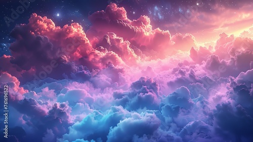 Mystical night sky featuring colorful clouds and soft, glowing stars