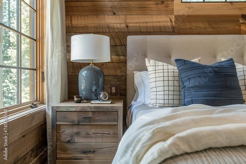 Modern rustic bedroom with oak nightstand and lamp, interior design photography