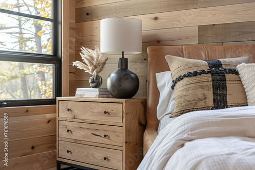 Architectural style photography capturing the modern rustic charm of a bedroom, featuring an oak nightstand and lamp