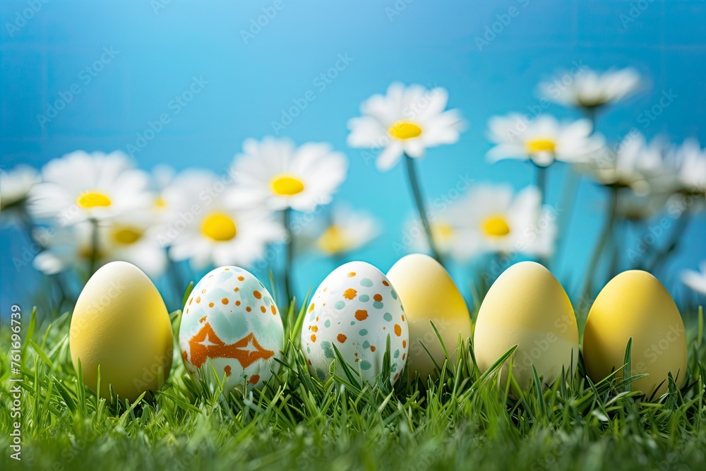 Row of Easter Eggs with Daisy on Fresh Green Grass - generative ai