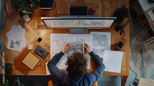 Top View of a Male Engineer Sitting at His Large Modern Office Table with Three Monitors and Drawing Blueprints on It