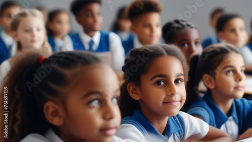 Group of multi-ethnic student children classmates in classroom at lesson. Back to school copcept. School education and diversity multicultural community.