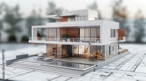 Close-up 3D rendering of a modern house model placed on top of an architectural blueprint