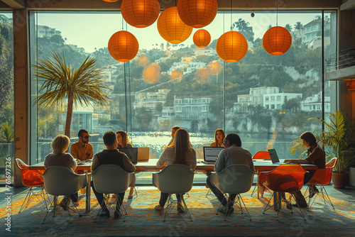 Vintage style discussion of a diverse team having an open discussion in the conference room with floor-to-ceiling windows overlooking water, and stylish chairs around a round table