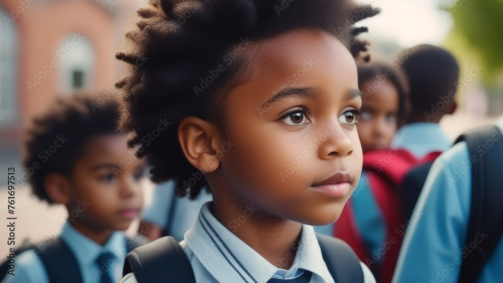 Group of multi-ethnic student children classmates with backpack go Back to school. School education and diversity multicultural community. 

