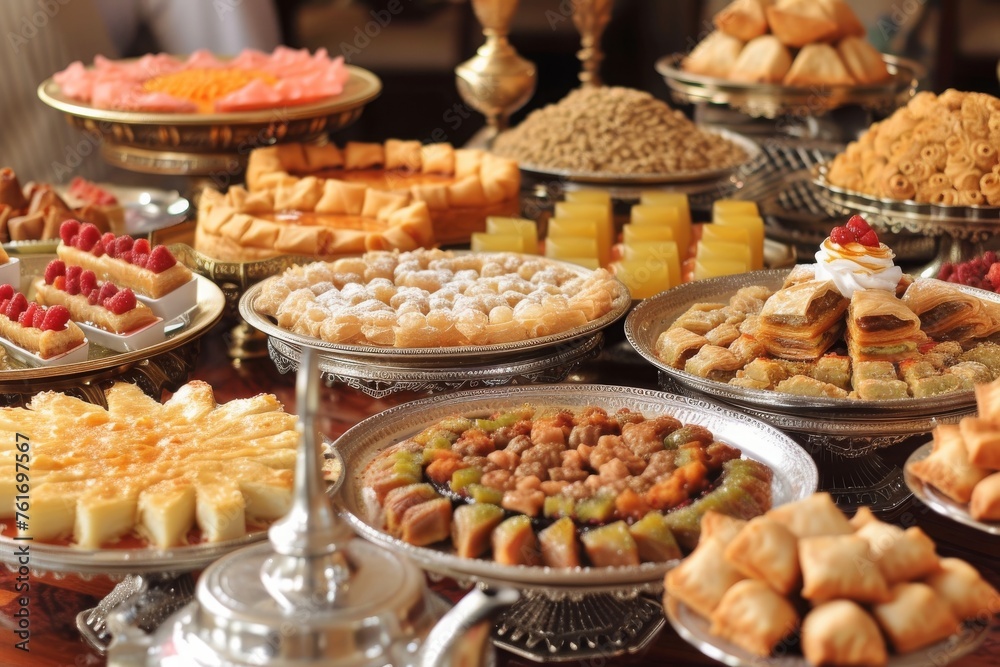Assorted Desserts Adorn a Table, A lavish spread of Middle Eastern desserts like Baklava, Kunafa, and Halva, AI Generated