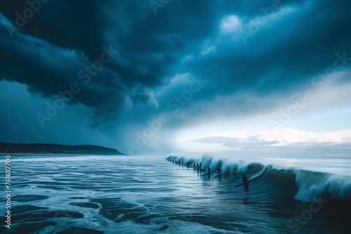 A group of individuals confidently stand atop a massive wave in the ocean, showcasing their balance and skill, A line of surfers waiting for the next wave under a cloudy, stormy sky, AI Generated © Iftikhar alam