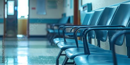 Unoccupied blue chairs line the hallway of a serene hospital waiting area, evoking a sense of calm before medical consultations.