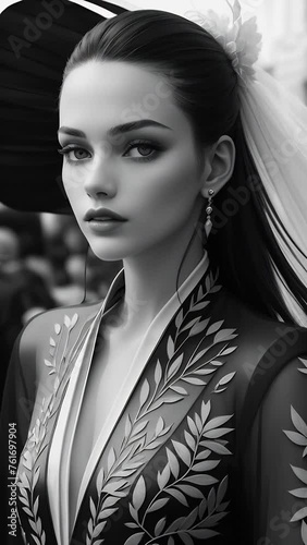 Portrait of a woman in black and white, with jewelry and embroidery on clothes. Concept: Elegance, fashion, classic