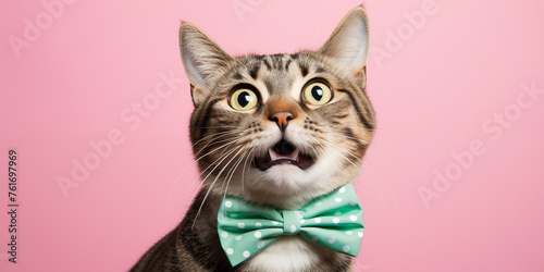 Funny cat. Pets. Zooclinic, veterinary. Hotel for animals. Kitten with bow tie. photo