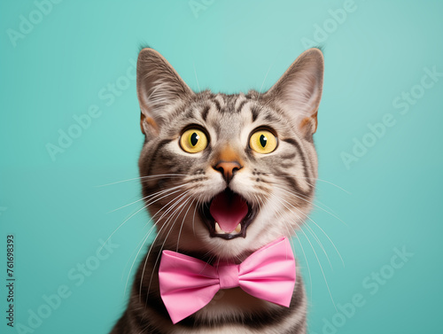 Funny cat. Pets. Zooclinic, veterinary. Hotel for animals. Kitten with bow tie.