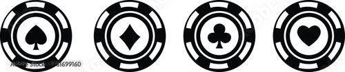Poker chips black icons vector set, Isolated Casino poker chip logo. Poker symbols with spades, hearts, diamonds, clubs. Playing poker concept. Card Symbols Playing cards, on transparent background.