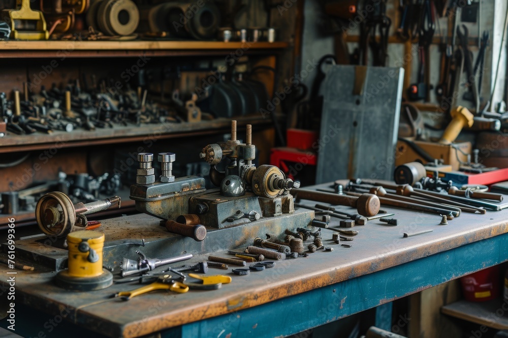 An organized workbench filled with an array of tools, including hammers, wrenches, screwdrivers, and pliers, A mechanic's workbench showcasing multiple vintage tools, AI Generated An organized workbench filled with an array of tools, including hammers, wrenches, screwdrivers, and pliers, A mechanic's workbench showcasing multiple vintage tools, AI Generated