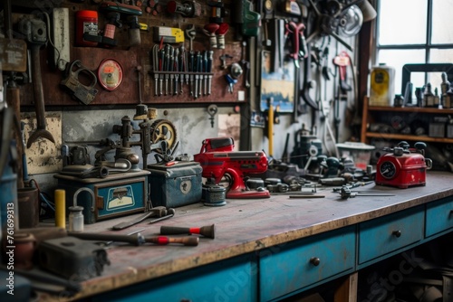 A cluttered workbench filled with an assortment of tools and equipment, A mechanic's workbench showcasing multiple vintage tools, AI Generated