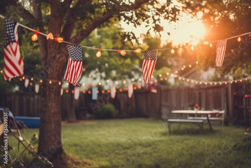 A backyard featuring a picnic table surrounded by American flags, A memorial day barbecue celebration in a backyard decorated with American flags, AI Generated photo