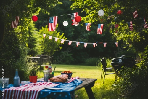 A picnic table covered in vibrant American flags, proudly displaying patriotism, A memorial day barbecue celebration in a backyard decorated with American flags, AI Generated