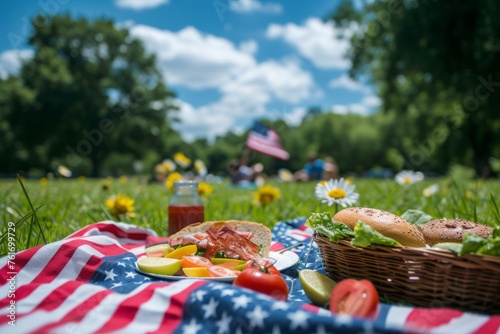 A picnic blanket featuring a basket of food and various culinary items spread out on it, A memorial day picnic scene in a park with an American flag in the background, AI Generated