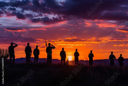 A group of individuals standing on the grass covered field, enjoying the view and engaging in conversation, A military salute in front of a Memorial Day dawn, AI Generated