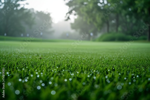 A photo capturing a field of grass with water droplets adorning the blades, creating a glistening effect, A misty morning on a golf course with dew on the grass, AI Generated © Iftikhar alam