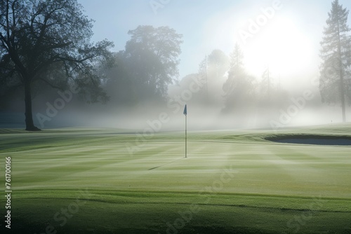A foggy golf course with a flag on the green, creating a mysterious atmosphere for the players, A misty morning on a golf course with dew on the grass, AI Generated photo