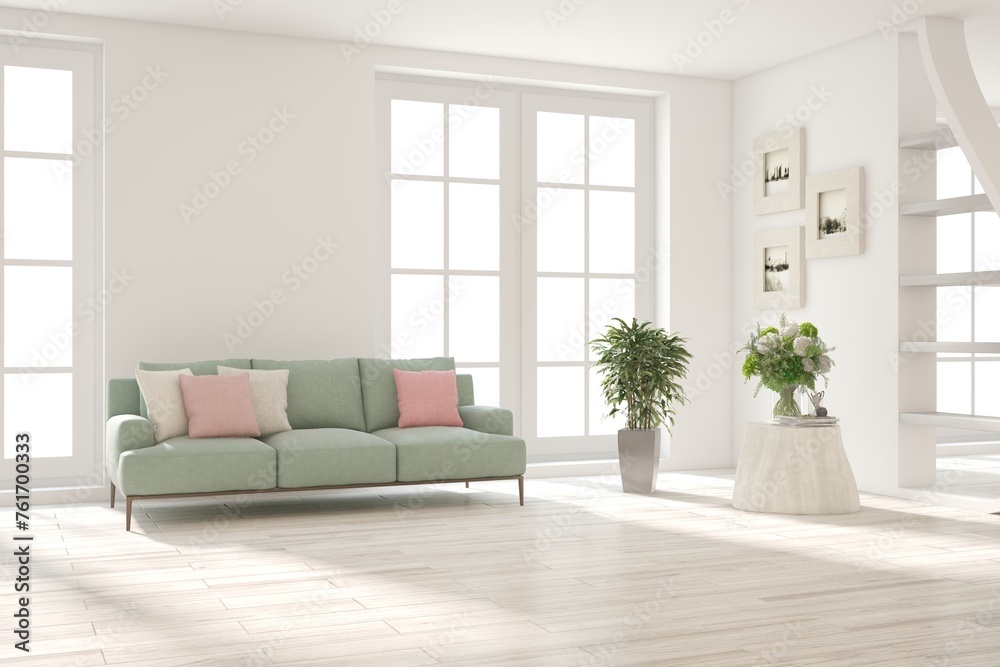 White scandinavian interior design with sofa. 3D illustration
