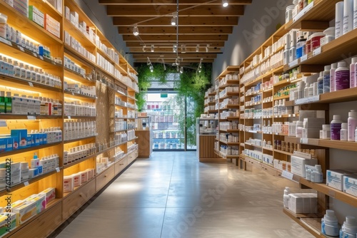 A bustling pharmacy store filled with shelves of various medicine bottles and customers purchasing their medications, A modern pharmacy with shelves full of medication, AI Generated