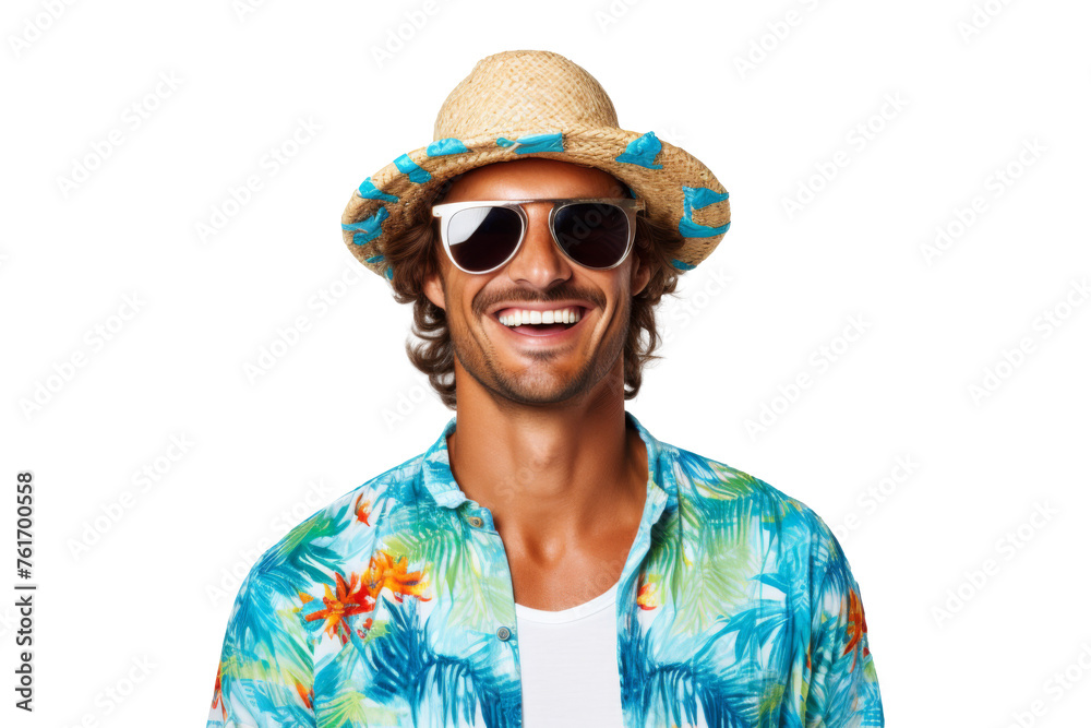 Portrait happy man with summer holiday beach outfits isolated on transparent background for realax at beach on vacation, travel and holidays vacation concept.