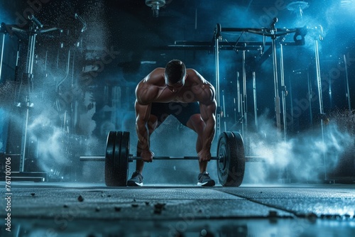 A man is seen squatting on a barbell at a gym, demonstrating strength and fitness, A motivational image of a weightlifter training hard for a competition, AI Generated