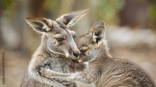 Animal love and affection cute joey image baby kangaroo holding on it's mother ear for comfort and feeling safe © Alexander