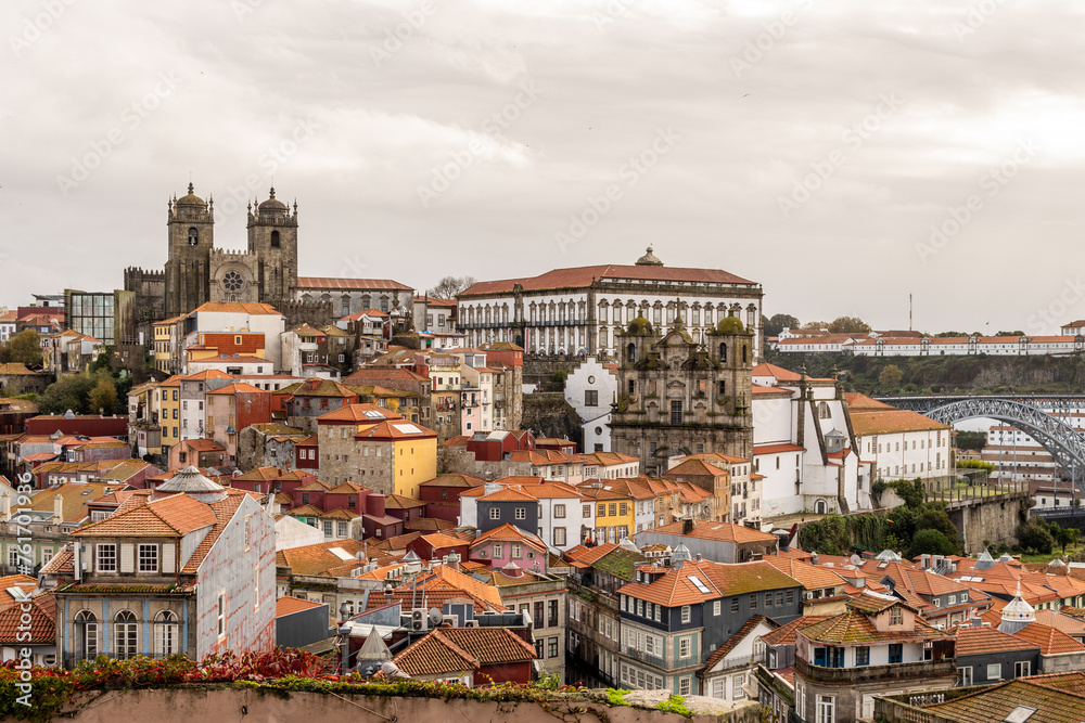 Aerial view of Porto, with its colorful houses, the cathedral and the Douro river