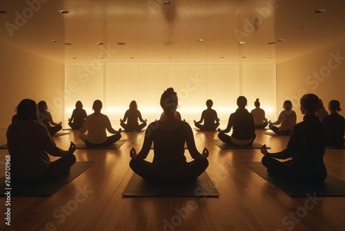 A diverse group of individuals gathering in a room to engage in a yoga session, performing various poses and stretches, A peaceful scene of a guided meditation class, AI Generated