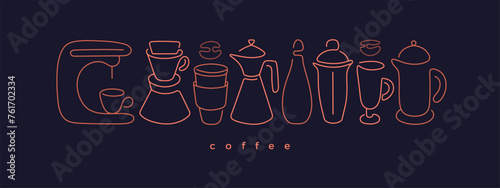 Coffee line border. Sketch cup, barista workplace