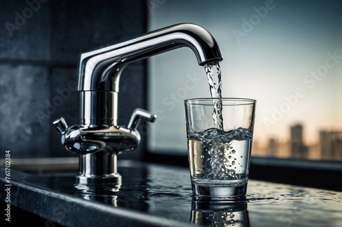 Water pouring from modern faucet into glass on dark, urban backdrop