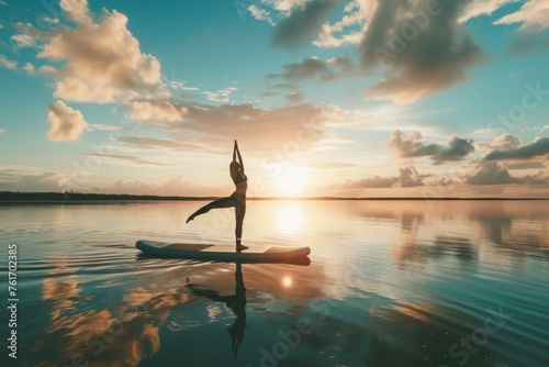 A person confidently balances on a surfboard as they ride the waves in the water  A person doing yoga on a paddleboard on calm water  AI Generated