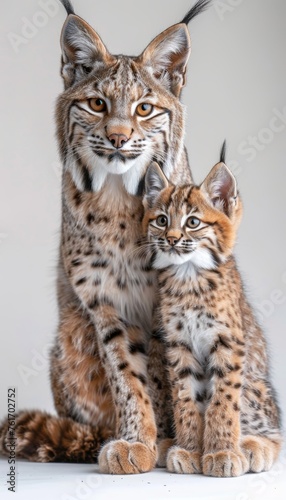 Portrait of a male bobcat with a bobcat kitten  featuring spacious left area for adding text