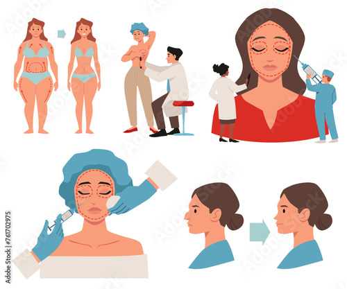 Set of people with plastic surgery flat style, vector illustration
