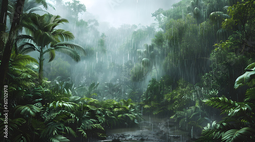 An artistic rendering of the Amazon rainforest, with lush foliage as the background, during a tropical rainstorm