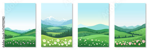 Beautiful set of spring landscapes. Vector illustration of spring vertical landscapes with flowers, green meadows, mountains and forests in A4 format for printing and design.