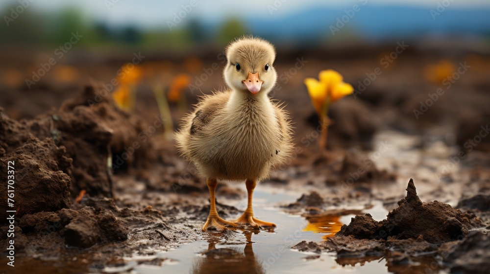 Small Duck in Puddle - obrazy, fototapety, plakaty 