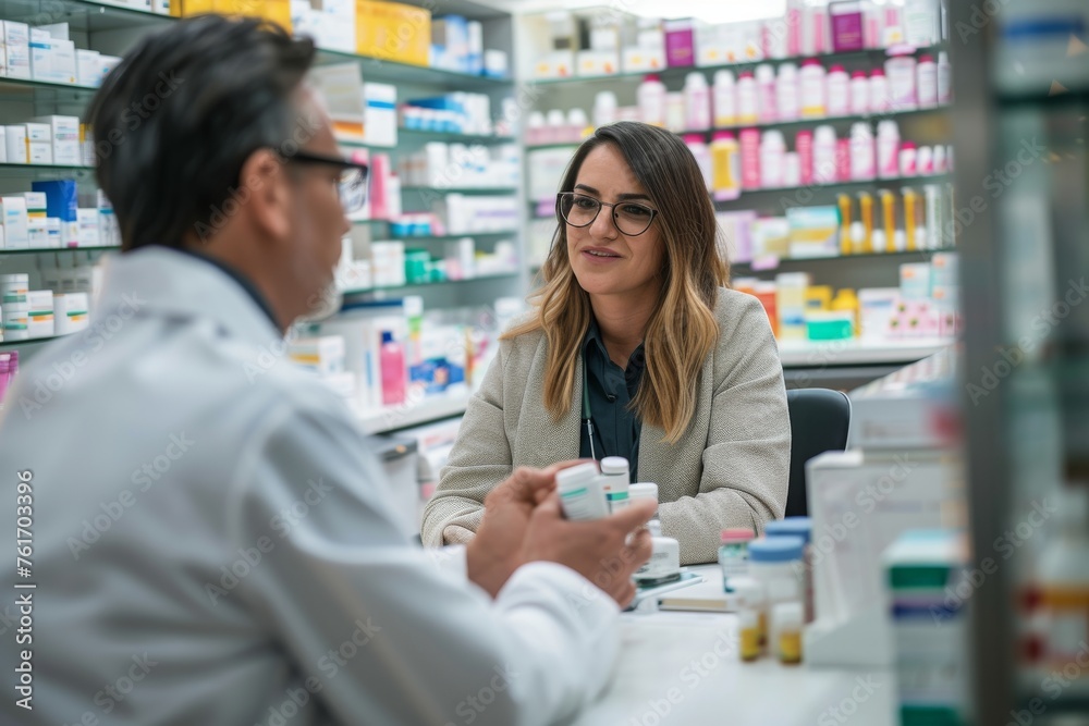 A pharmacist engages in conversation with a customer, providing assistance and answering questions in a busy pharmacy, A pharmacist consulting with a patient in a private room, AI Generated