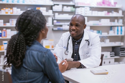 A pharmacist engages in conversation with a female customer inside a pharmacy, A pharmacist consulting with a patient in a private room, AI Generated